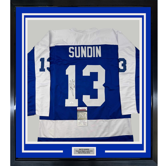 Framed Autographed/Signed Mats Sundin 35x39 HOF 12 Toronto Blue Hockey Jersey JSA COA
