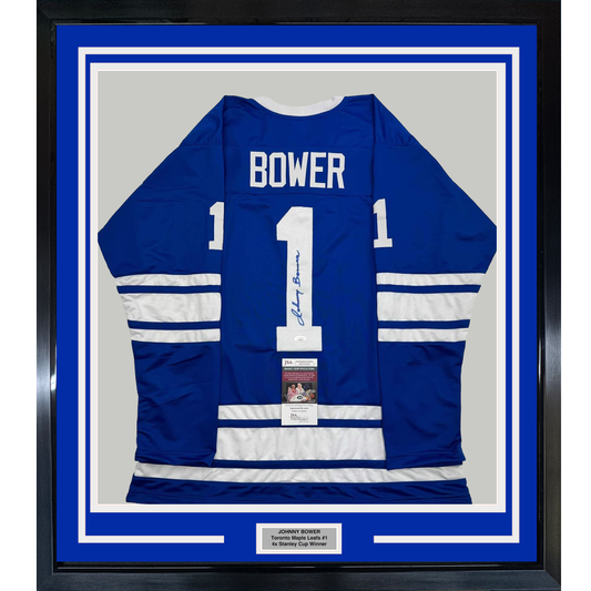 Framed Autographed/Signed Johnny Bower 35x39 Toronto Blue Hockey Jersey JSA COA