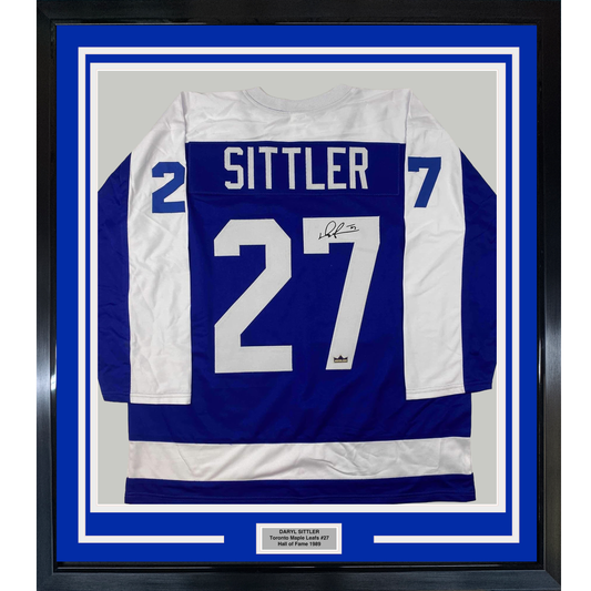 Framed Facsimile Autographed Darryl Sittler 35x39 Toronto Blue Reprint Laser Auto Hockey Jersey