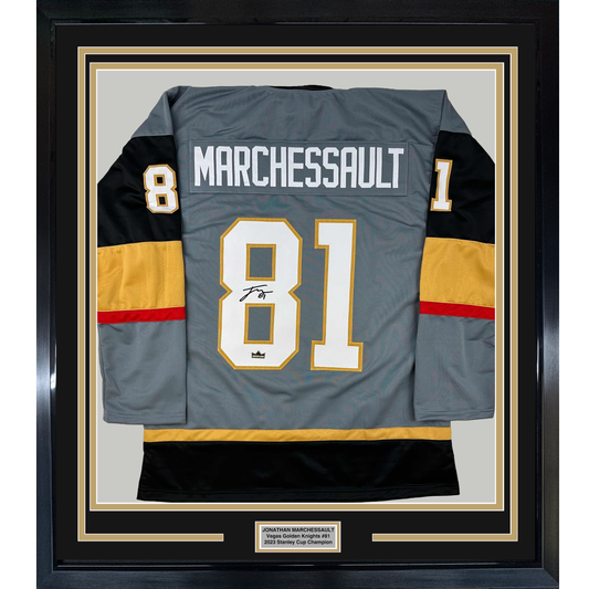 Framed Facsimile Autographed Jonathan Marchessault 35x39 Vegas Grey Reprint Laser Auto Hockey Jersey