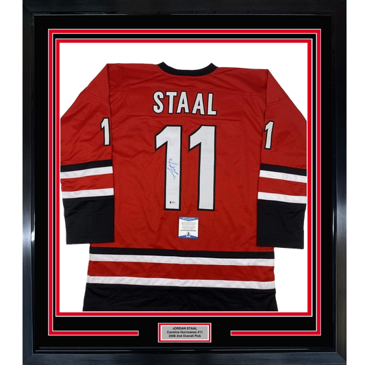 Framed Autographed/Signed Jordan Staal 35x39 Carolina Red Hockey Jersey Beckett BAS COA