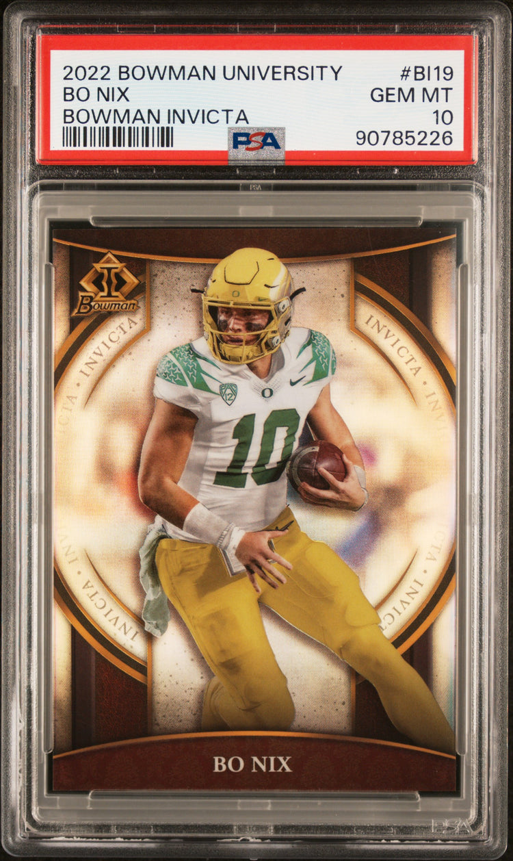 Graded 2022 Topps Bowman University Bo Nix #BI19 Bowman Invicta Rookie RC Football Card PSA 10 Gem Mint