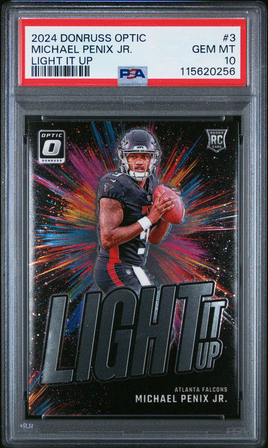 Graded 2024 Panini Donruss Optic Michael Penix Jr #3 Light It Up Rookie RC Football Card PSA 10 Gem Mint
