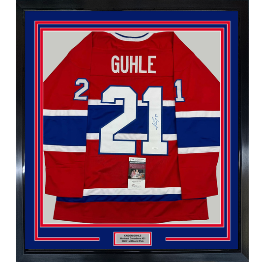 Framed Autographed/Signed Kaiden Guhle 35x39 Montreal Red Hockey Jersey JSA COA