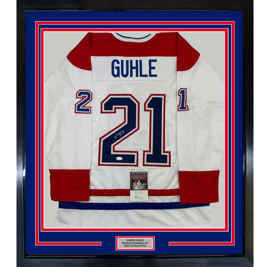 Framed Autographed/Signed Kaiden Guhle 35x39 Montreal White Hockey Jersey JSA COA