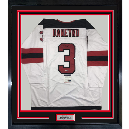 Framed Autographed/Signed Ken Daneyko 35x39 New Jersey White Hockey Jersey PSA/DNA COA