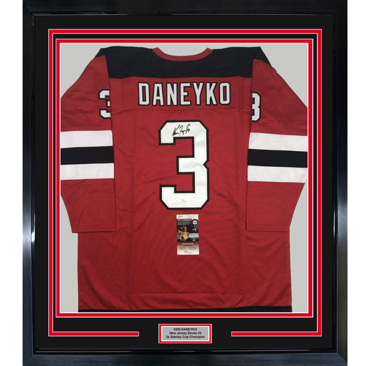 Framed Autographed/Signed Ken Daneyko 35x39 New Jersey Red Hockey Jersey JSA COA