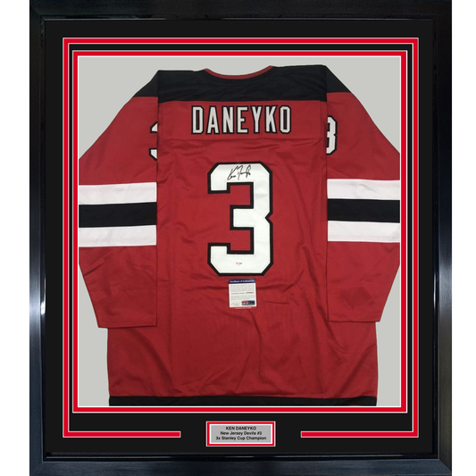 Framed Autographed/Signed Ken Daneyko 35x39 New Jersey Red Hockey Jersey PSA/DNA COA