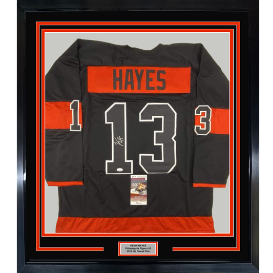 Framed Autographed/Signed Kevin Hayes 35x39 Philadelphia Black Hockey Jersey JSA COA