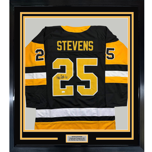 Framed Autographed/Signed Kevin Stevens 35x39 Pittsburgh Black Hockey Jersey JSA COA
