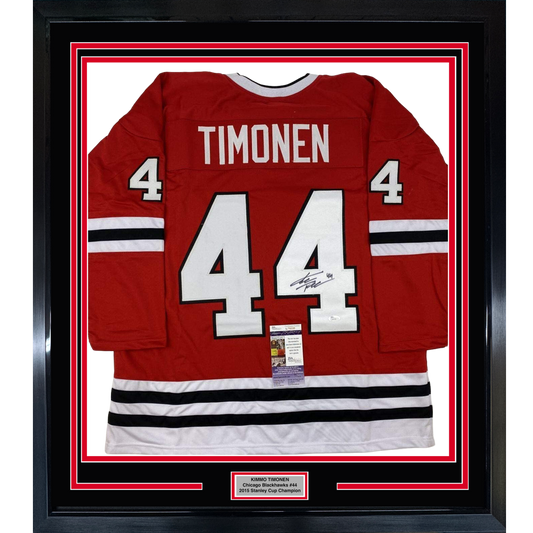 Framed Autographed/Signed Kimmo Timonen 35x39 Chicago Red Hockey Jersey JSA COA
