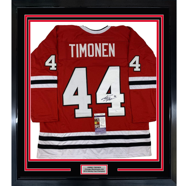 Framed Autographed/Signed Kimmo Timonen 35x39 Chicago Red Hockey Jersey JSA COA