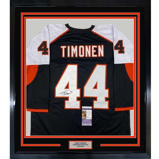 Framed Autographed/Signed Kimmo Timonen 35x39 Philadelphia Black Hockey Jersey JSA COA