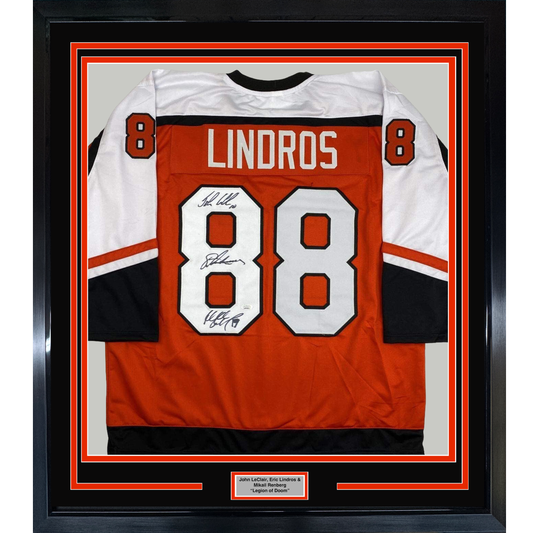 Framed Autographed/Signed Legion of Doom Eric Lindros, John LeClair & Mikail Renberg 35x39 Philadelphia Orange Hockey Jersey JSA COA