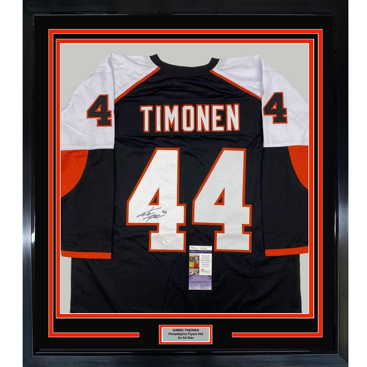 Framed Autographed/Signed Kimmo Timonen 35x39 Philadelphia Black Hockey Jersey JSA COA