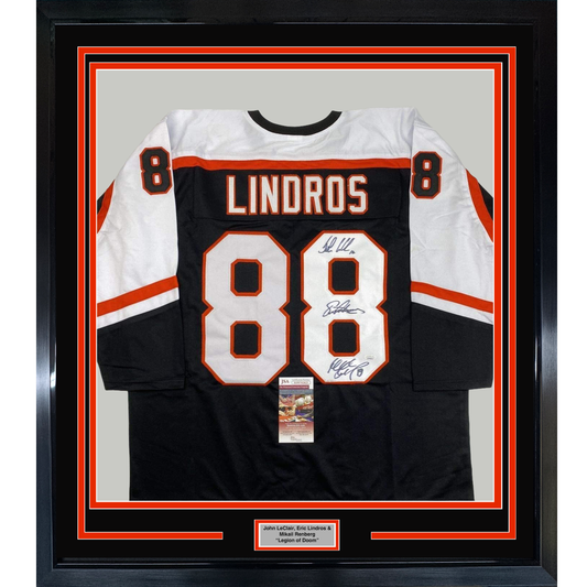 Framed Autographed/Signed Legion of Doom Eric Lindros, John LeClair & Mikail Renberg 35x39 Philadelphia Black Hockey Jersey JSA COA