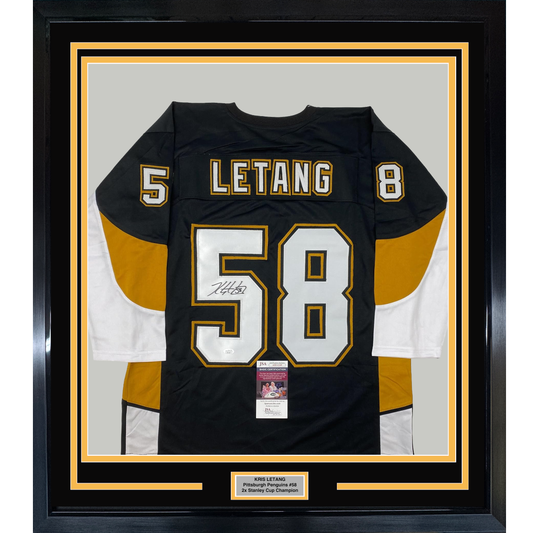 Framed Autographed/Signed Kris Letang 35x39 Pittsburgh Black Hockey Jersey JSA COA