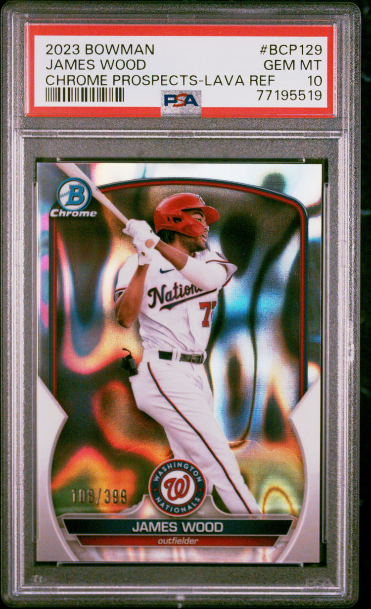 Graded 2023 Topps Bowman James Wood #BCP129 Chrome Prospects Lava Refractor #/399 Rookie RC Baseball Card PSA 10 Gem Mint