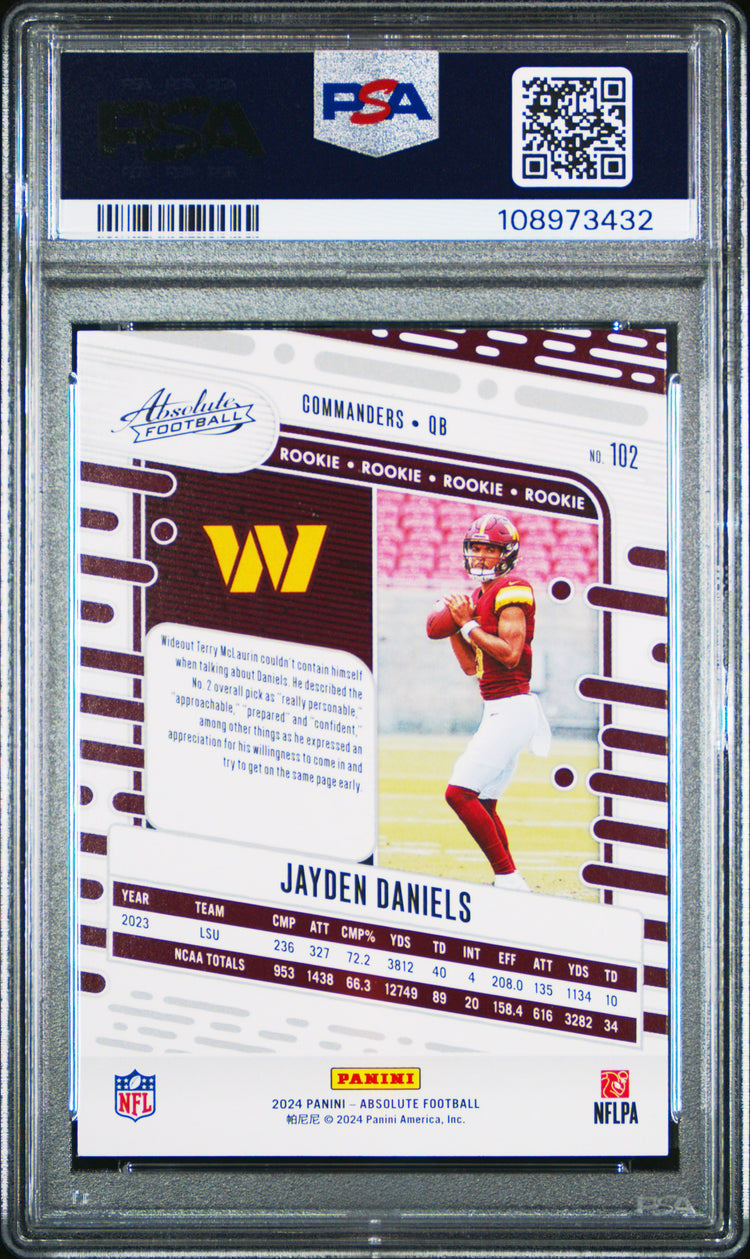 Graded 2024 Panini Absolute Jayden Daniels #102 Orange Rookie RC Football Card PSA 10 Gem Mint