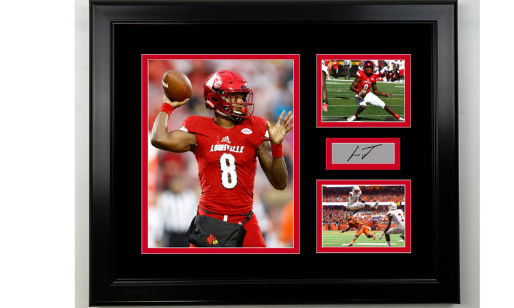 Framed Lamar Jackson Louisville Cardinals Facsimile Laser Engraved Signature NCAA Football 14x11 3 Photo Collage