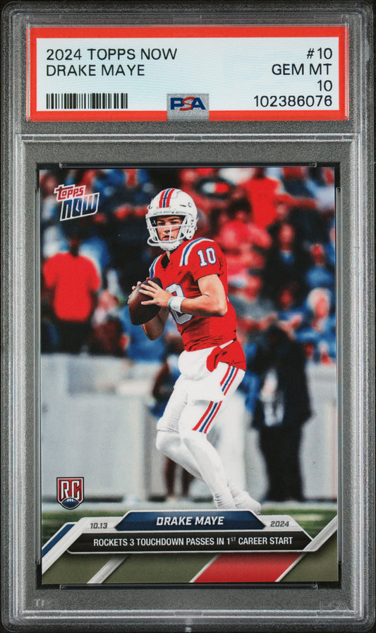 Graded 2024 Topps Now Drake Maye #10 Rockets 3 Touchdown Passes in 1st Career Start Rookie RC Football Card PSA 10 Gem Mint