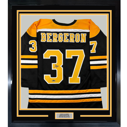 Framed Facsimile Autographed Patrice Bergeron 35x39 Boston Black Reprint Laser Auto Hockey Jersey