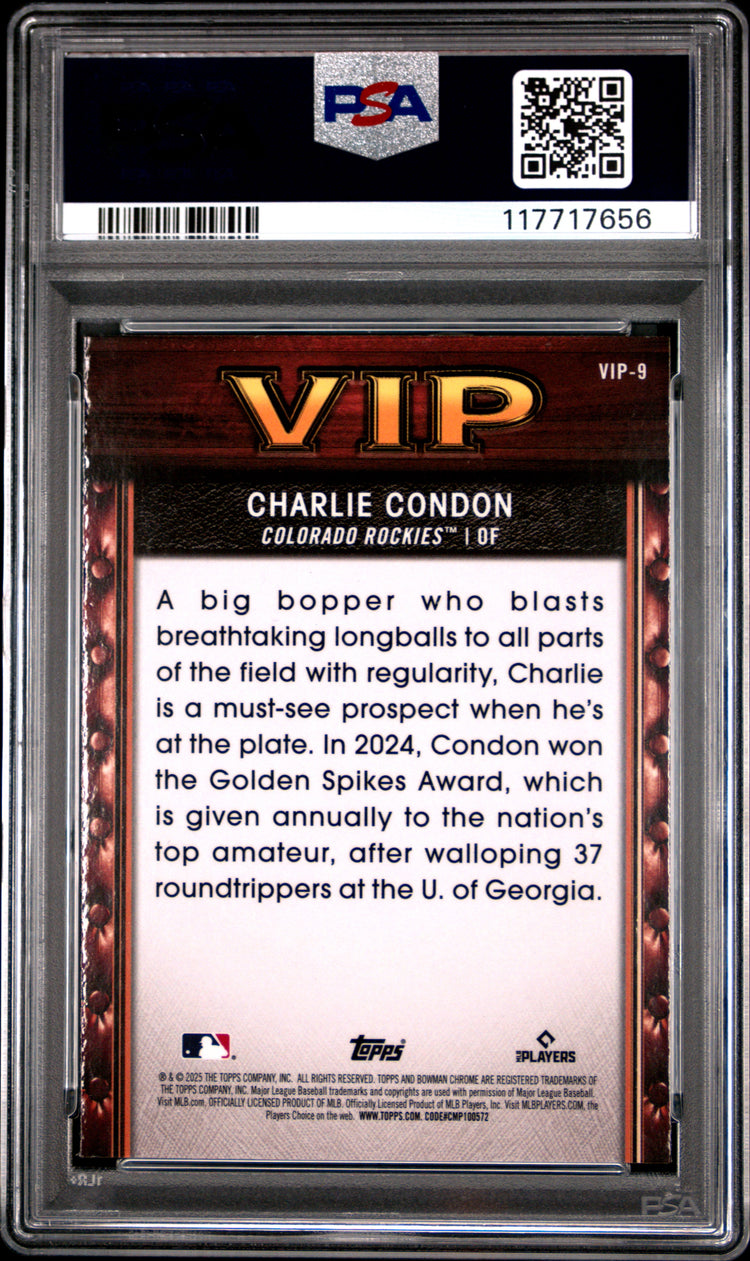 Graded 2025 Topps Bowman Charlie Condon #VIP9 Very Important Prospects Rookie RC Baseball Card PSA 10 Gem Mint