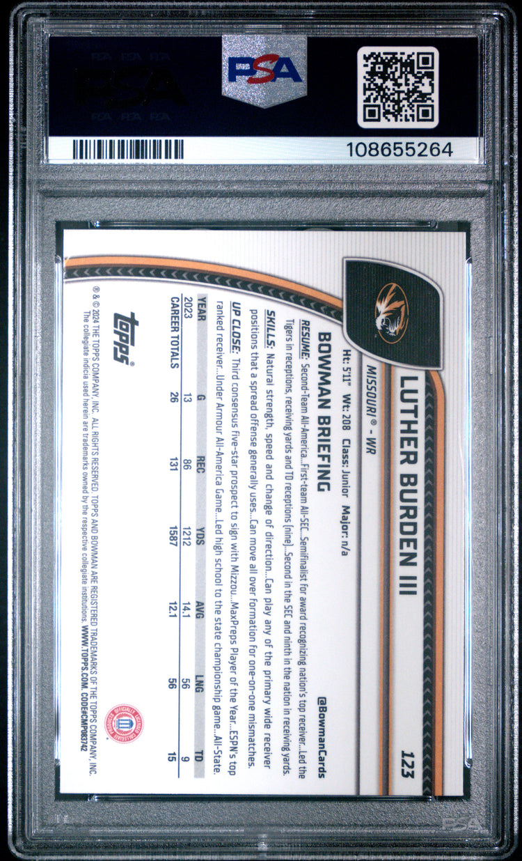 Graded 2024 Topps Bowman U Chrome Luther Burden III #123 Rookie RC Football Card PSA 10 Gem Mint
