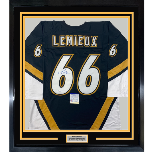 Framed Autographed/Signed Mario Lemieux 35x39 Pittsburgh Black Hockey Jersey PSA/DNA COA