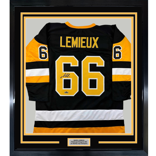 Framed Facsimile Autographed Mario Lemieux 35x39 Pittsburgh Black Reprint Laser Auto Hockey Jersey