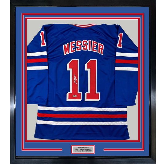 Framed Facsimile Autographed Mark Messier 35x39 New York Blue Reprint Laser Auto Hockey Jersey