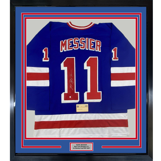 Framed Autographed/Signed Mark Messier 35x39 New York Blue Hockey Jersey Steiner Sports COA