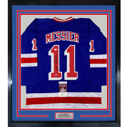 Framed Autographed/Signed Mark Messier 35x39 New York Blue Hockey Jersey JSA COA