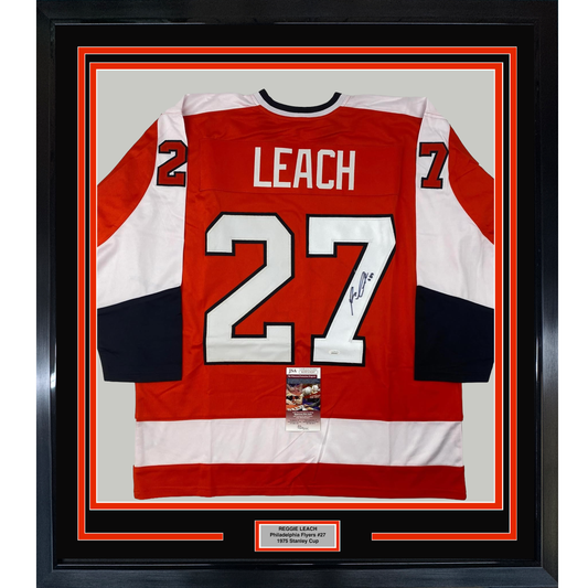 Framed Autographed/Signed Reggie Leach 35x39 Philadelphia Orange Hockey Jersey JSA COA