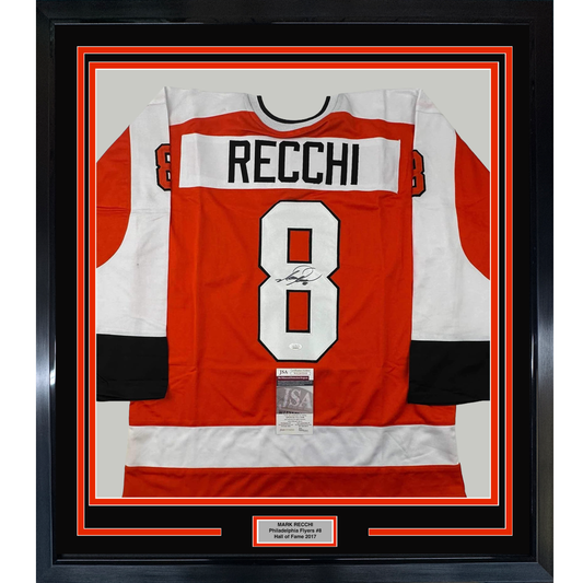 Framed Autographed/Signed Mark Recchi 35x39 Philadelphia Orange Hockey Jersey JSA COA