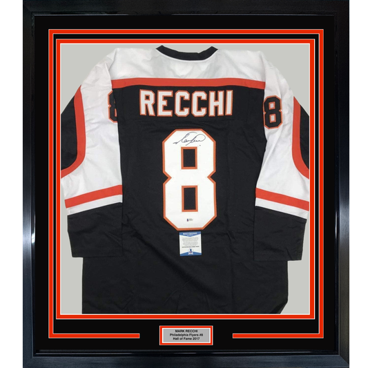 Framed Autographed/Signed Mark Recchi 35x39 Philadelphia Black Hockey Jersey Beckett BAS COA