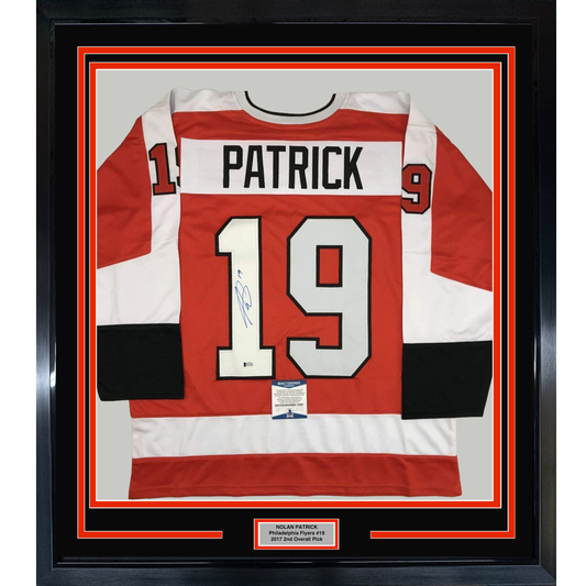 Framed Autographed/Signed Nolan Patrick 35x39 Philadelphia Orange Hockey Jersey Beckett BAS COA