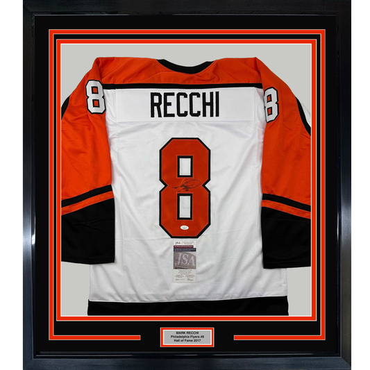 Framed Autographed/Signed Mark Recchi 35x39 Philadelphia White Hockey Jersey JSA COA