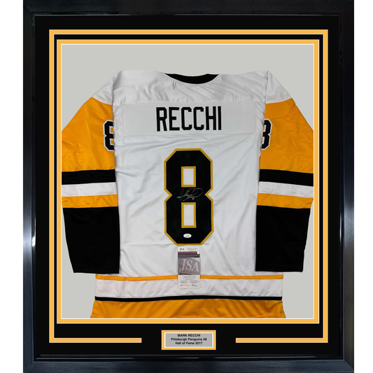 Framed Autographed/Signed Mark Recchi 35x39 Pittsburgh White Hockey Jersey JSA COA
