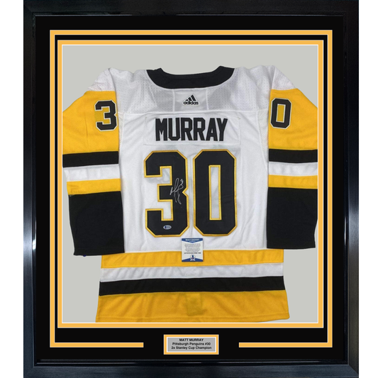 Framed Autographed/Signed Matt Murray 35x39 Pittsburgh White Hockey Jersey Beckett BAS COA