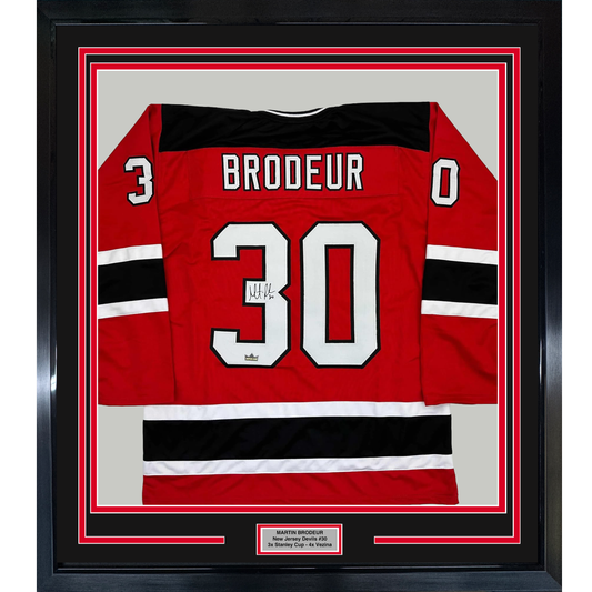 Framed Facsimile Autographed Martin Brodeur 35x39 New Jersey Red Reprint Laser Auto Hockey Jersey