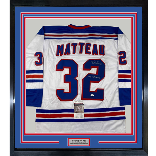 Framed Autographed/Signed Stephane Matteau 94 Champs 33xx42 New York White Hockey Jersey JSA COA