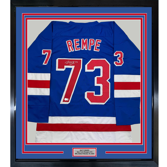 Framed Autographed/Signed Matt Rempe 35x39 New York Blue Hockey Jersey Beckett BAS COA