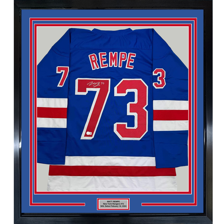 Framed Autographed/Signed Matt Rempe 35x39 New York Blue Hockey Jersey Beckett BAS COA
