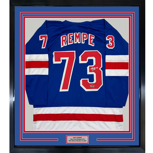 Framed Facsimile Autographed Matt Rempe 35x39 New York Blue Reprint Laser Auto Hockey Jersey