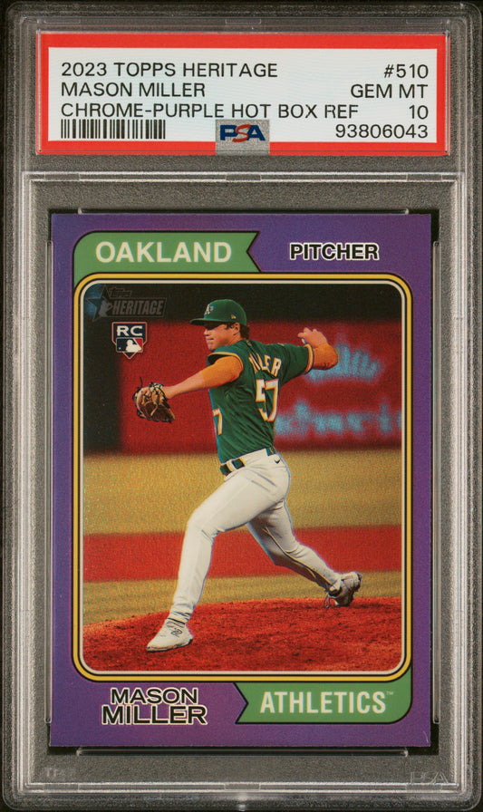 Graded 2023 Topps Heritage Mason Miller #510 Chrome Purple Hot Box Refractor Rookie RC Baseball Card PSA 10 Gem Mint