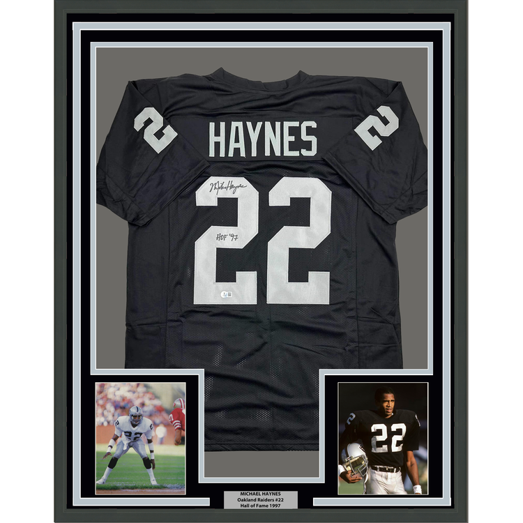 Framed Autographed/Signed Michael Mike Haynes 35x39 HOF 97 Oakland Black Football Jersey Beckett BAS COA