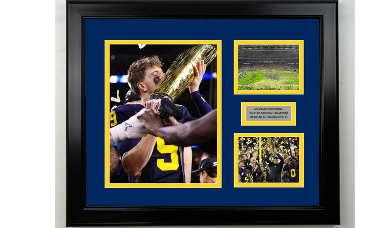 Framed Michigan Wolverines 2023 CFP National Championship Facsimile Laser Engraved Signature College Football 14x11 3 Photo Collage