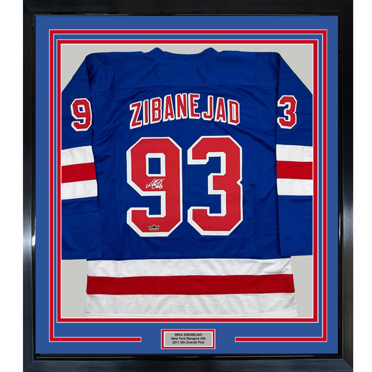 Framed Facsimile Autographed Mika Zibanejad 35x39 New York Blue Reprint Laser Auto Hockey Jersey