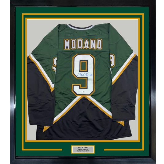 Framed Autographed/Signed Mike Modano HOF 2014 35x39 Dallas Dark Green Hockey Jersey Beckett BAS COA